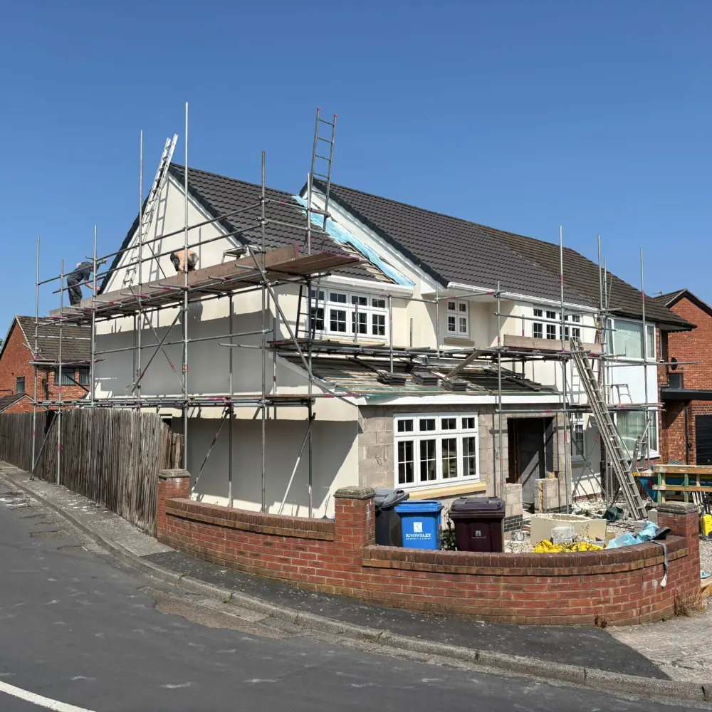 Full scaffolding setup for a whole-house external rendering project in Liverpool